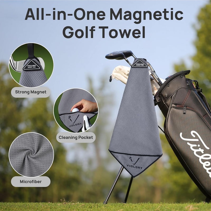 VIGLORY Magnetic Golf Towel for Bag 18" x 18" with Clip Exclusive Cleaning Pocket Microfiber Waffle Ultra Absorbent Club Ball Cleaner Essential Golf Accessories and Gifts for Men Women(Grey 1 Pack) - Image 2